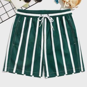 Green Vacation Style Striped Men's Swim Trunks